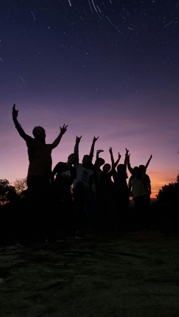 Silhouettes of friends celebrating under stars at sunset, expressing joy and togetherness.